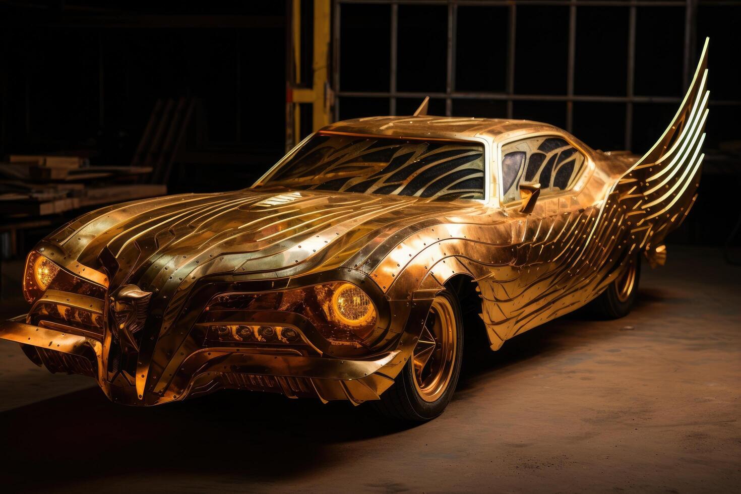 Futuristic golden sports car with intricate wing design photo