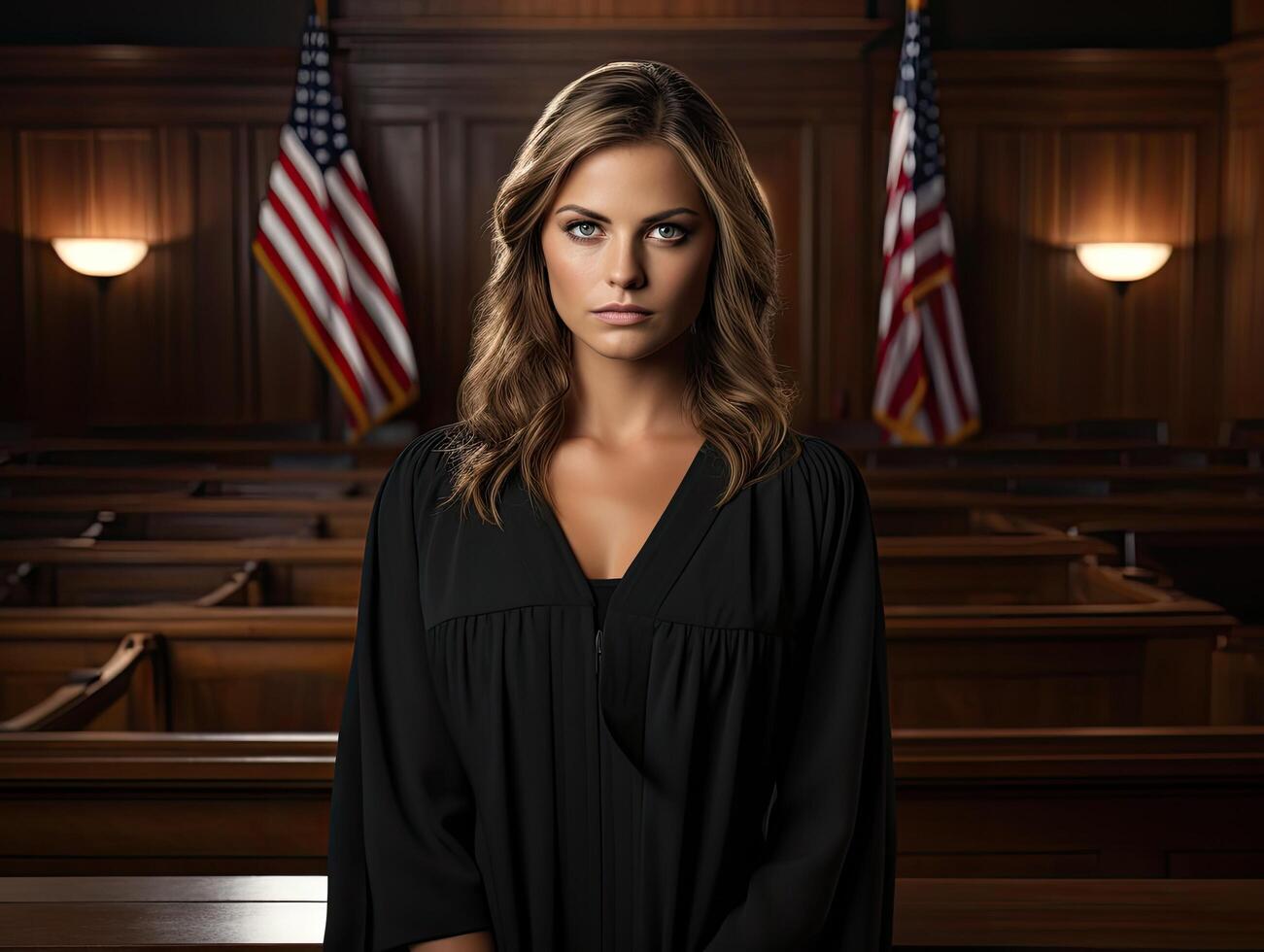 Serious young woman in black robe standing in courtroom photo
