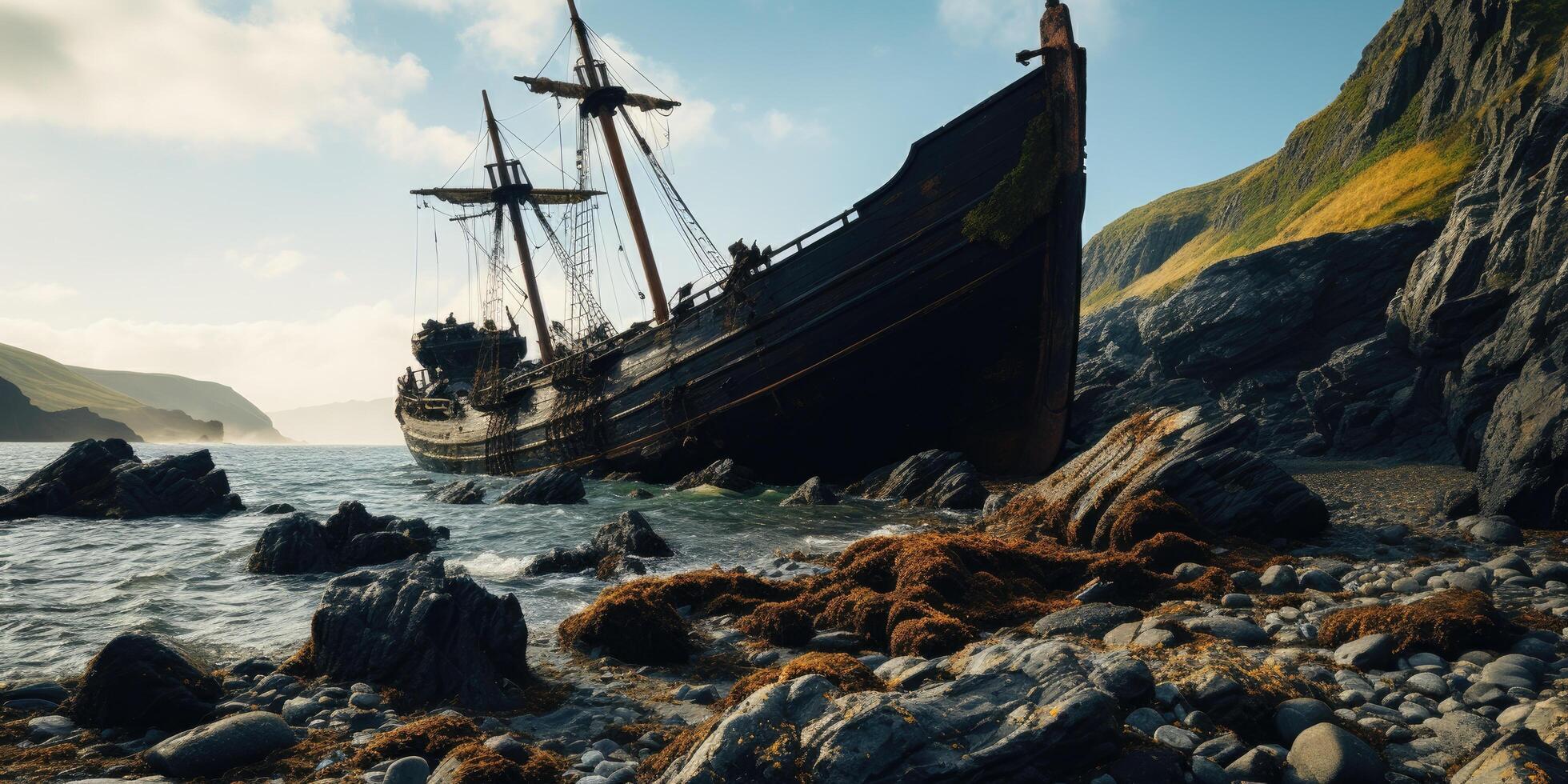 Shipwreck on rocky shore photo