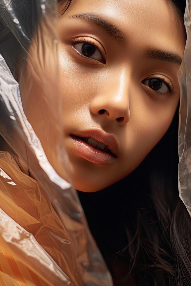 Close up portrait of a thoughtful young asian woman photo