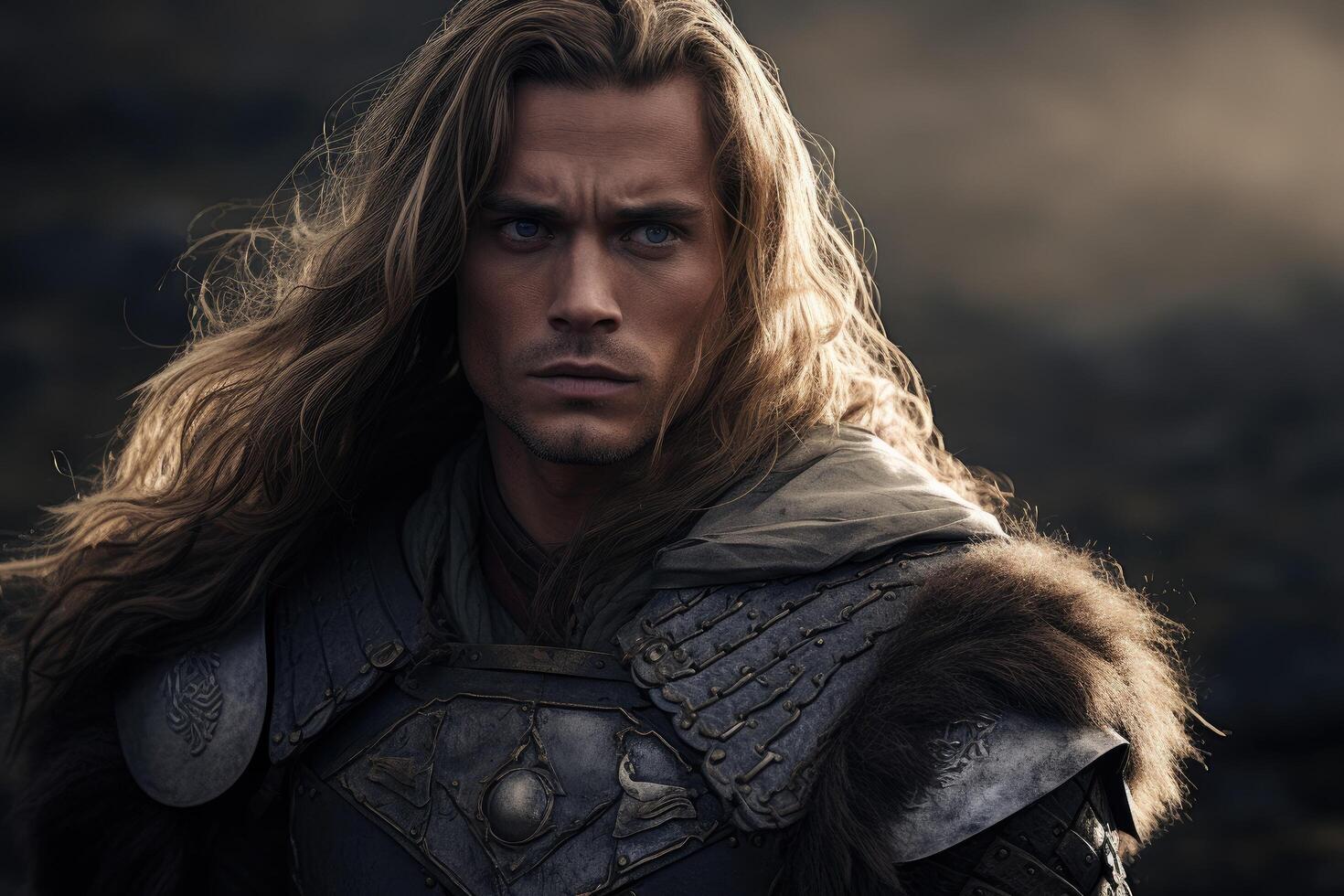 Rugged warrior with long hair and intense expression photo