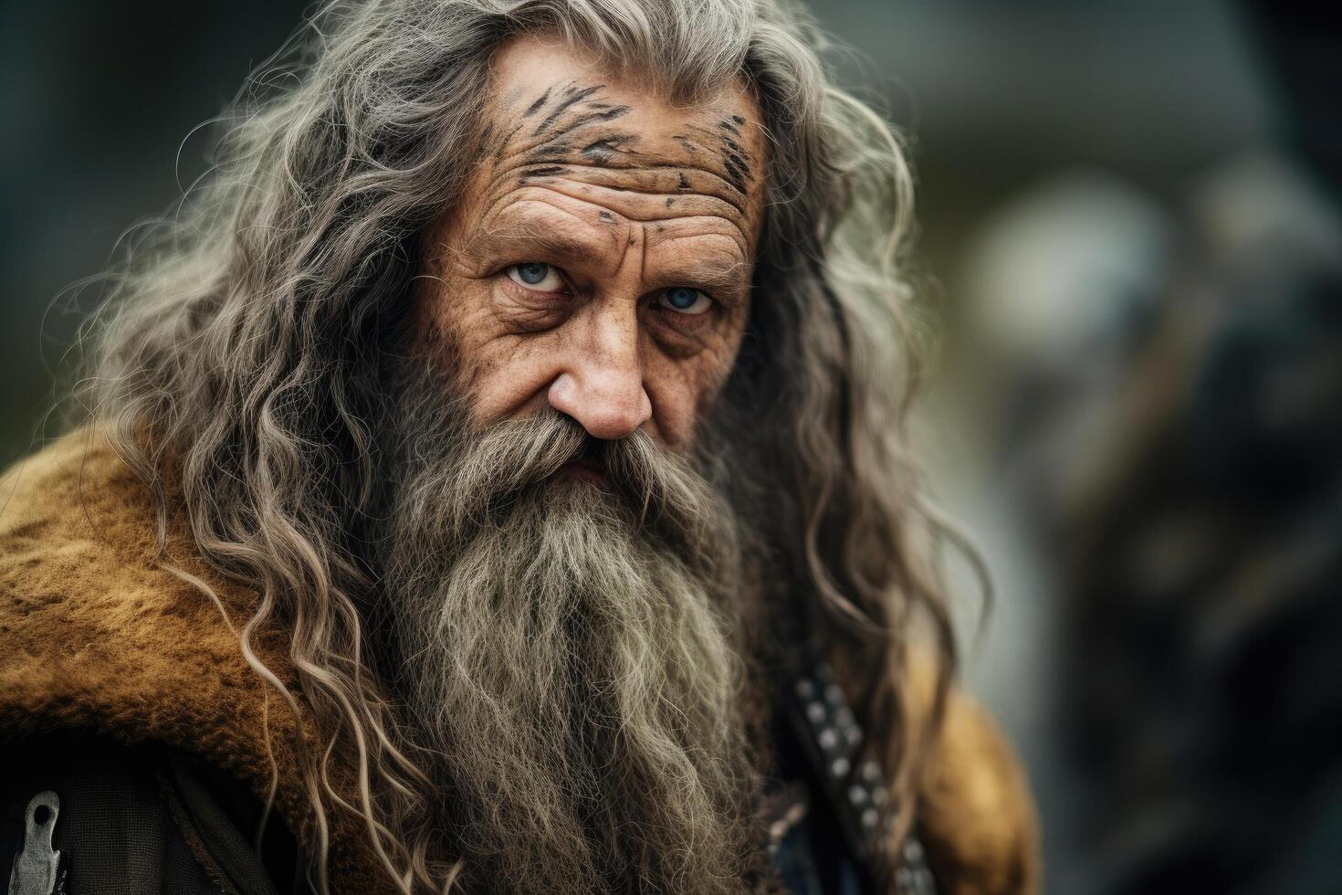 Weathered face of an elderly man with long gray hair and beard photo