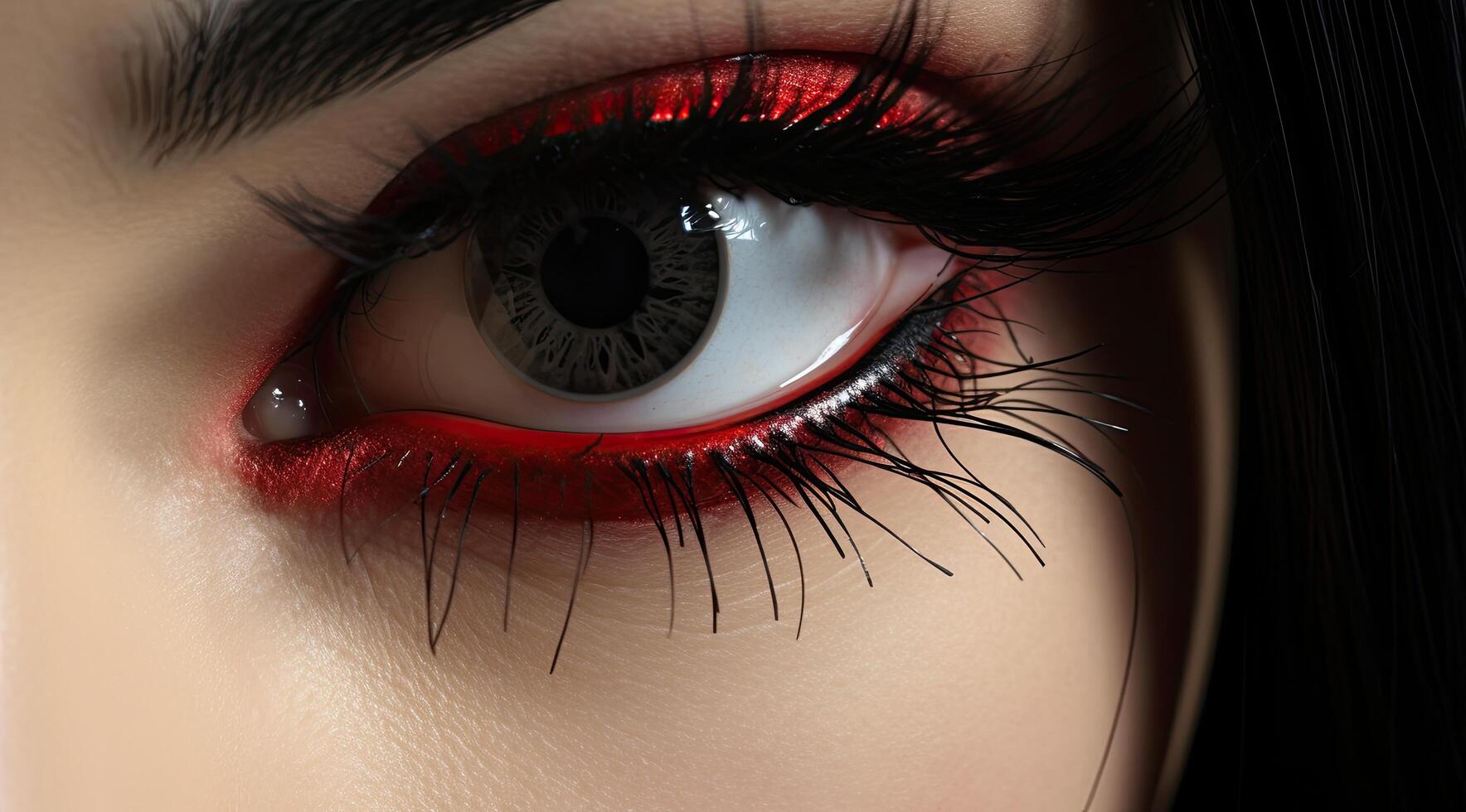 Close up of a dramatic eye with red makeup and long lashes photo