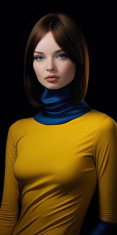 Elegant woman in yellow and blue outfit photo
