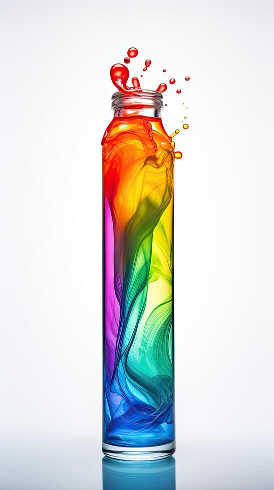 Colorful liquid splash in glass bottle photo