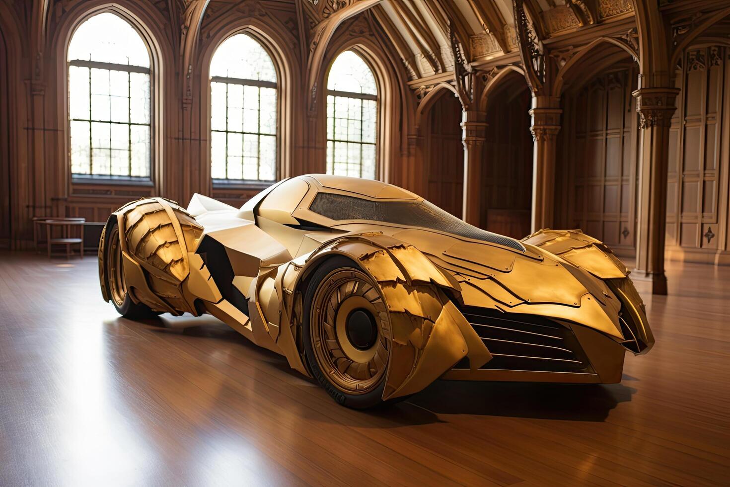 Futuristic golden sports car in ornate cathedral interior photo