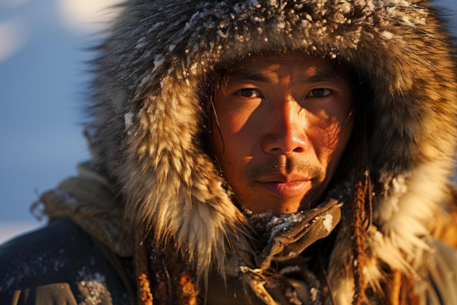 portrait of a person in a fur lined hood in a snowy environment photo