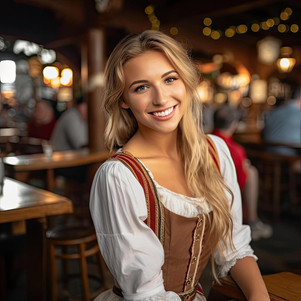 Smiling woman in traditional bavarian dirndl dress photo