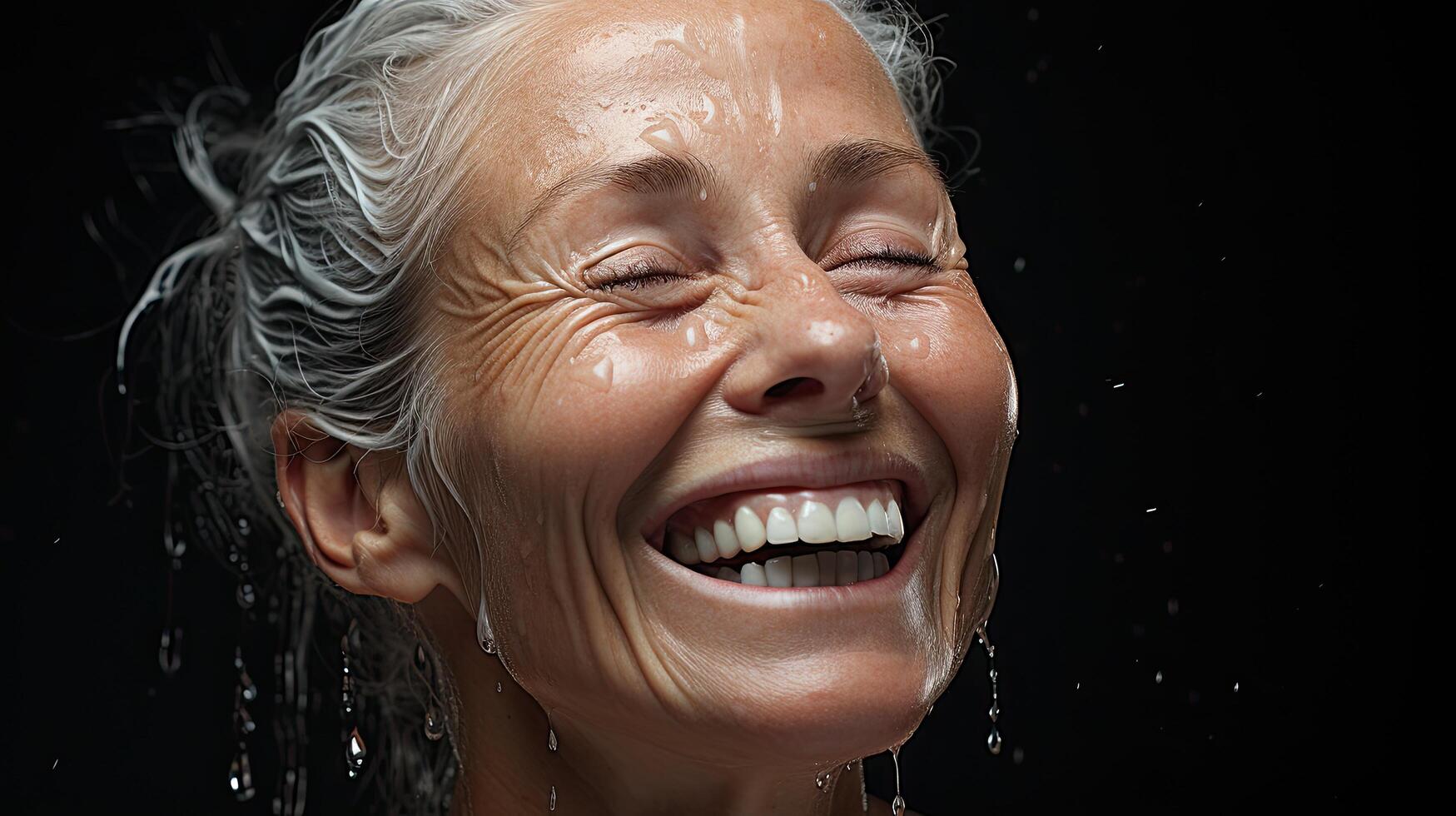 Joyful elderly woman laughing with eyes closed photo