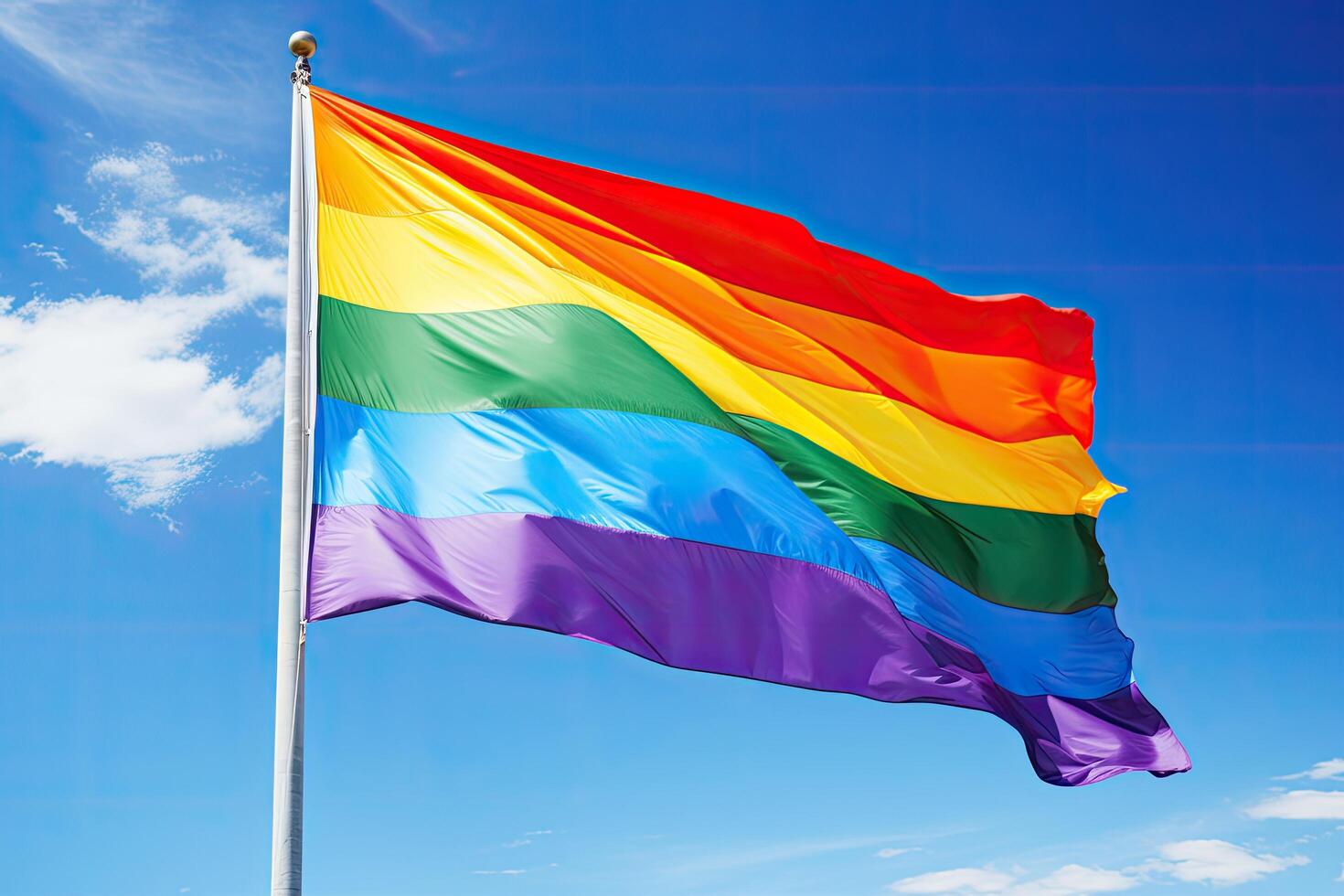 vibrant rainbow flag waving against blue sky photo