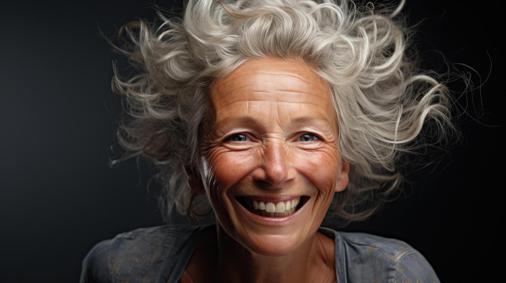 Cheerful elderly woman with curly gray hair photo