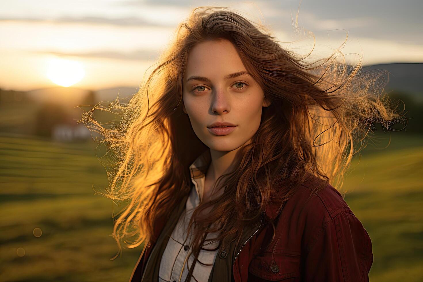 Captivating woman with flowing hair in the sunset photo