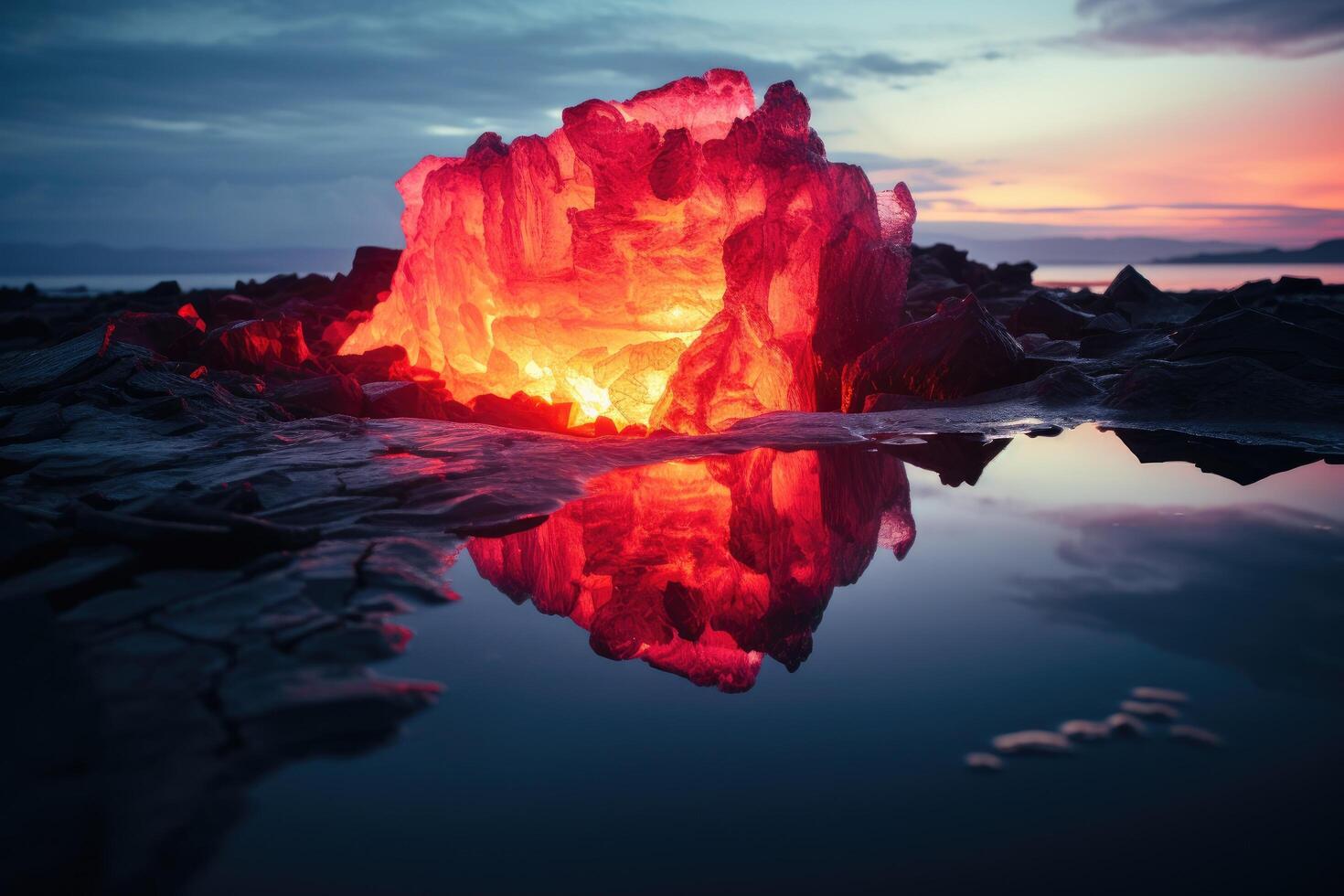 Glowing red rock formation reflecting in calm water at sunset photo
