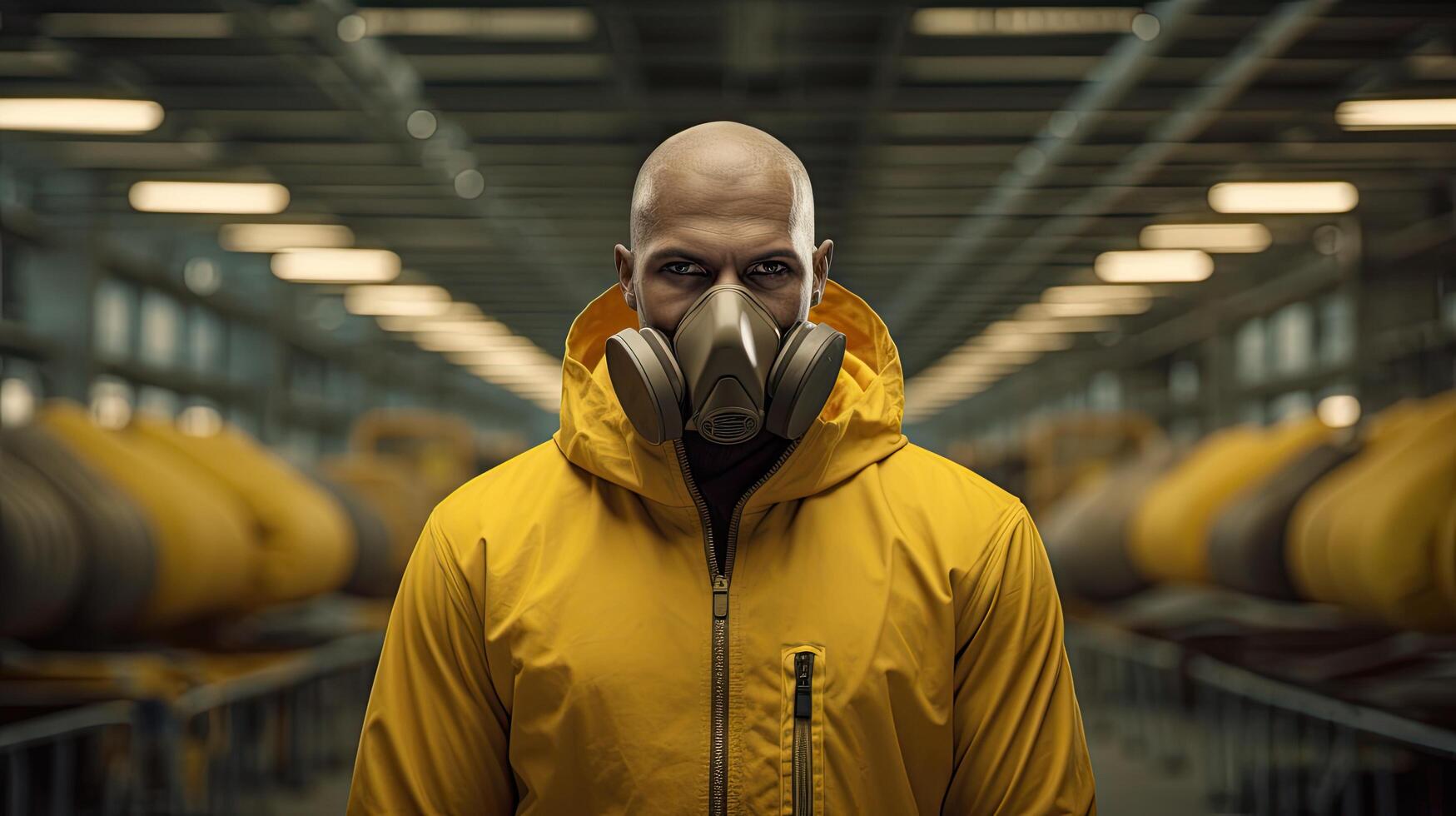 man in yellow hazmat suit in industrial setting photo