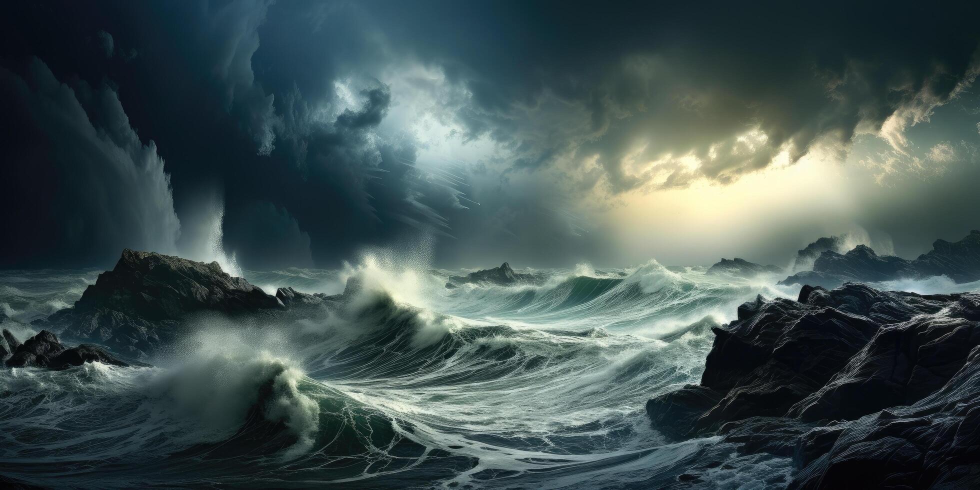 Dramatic stormy ocean landscape with crashing waves and dark clouds photo