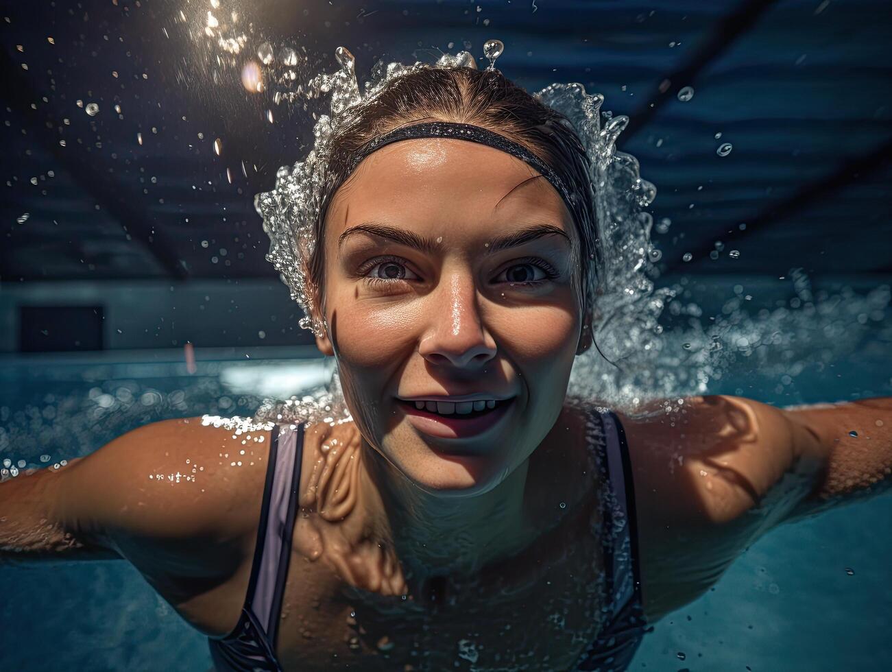 Smiling woman with wet hair and crown like headpiece in pool photo