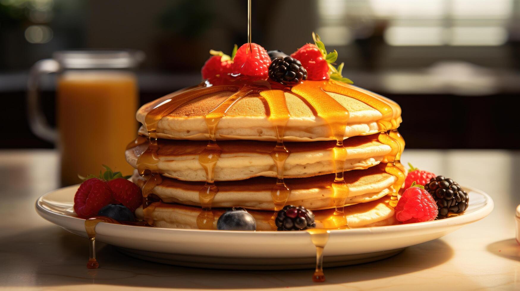 Delicious stack of pancakes with fresh berries and honey drizzle photo
