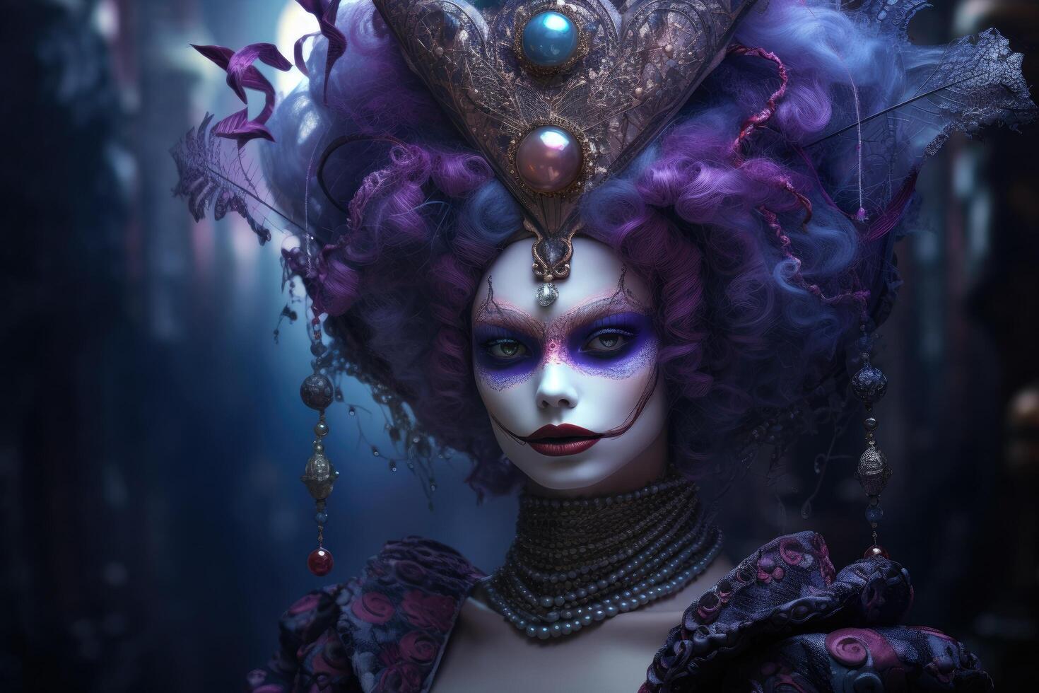Enchanting fantasy portrait of a mysterious woman in elaborate purple costume photo