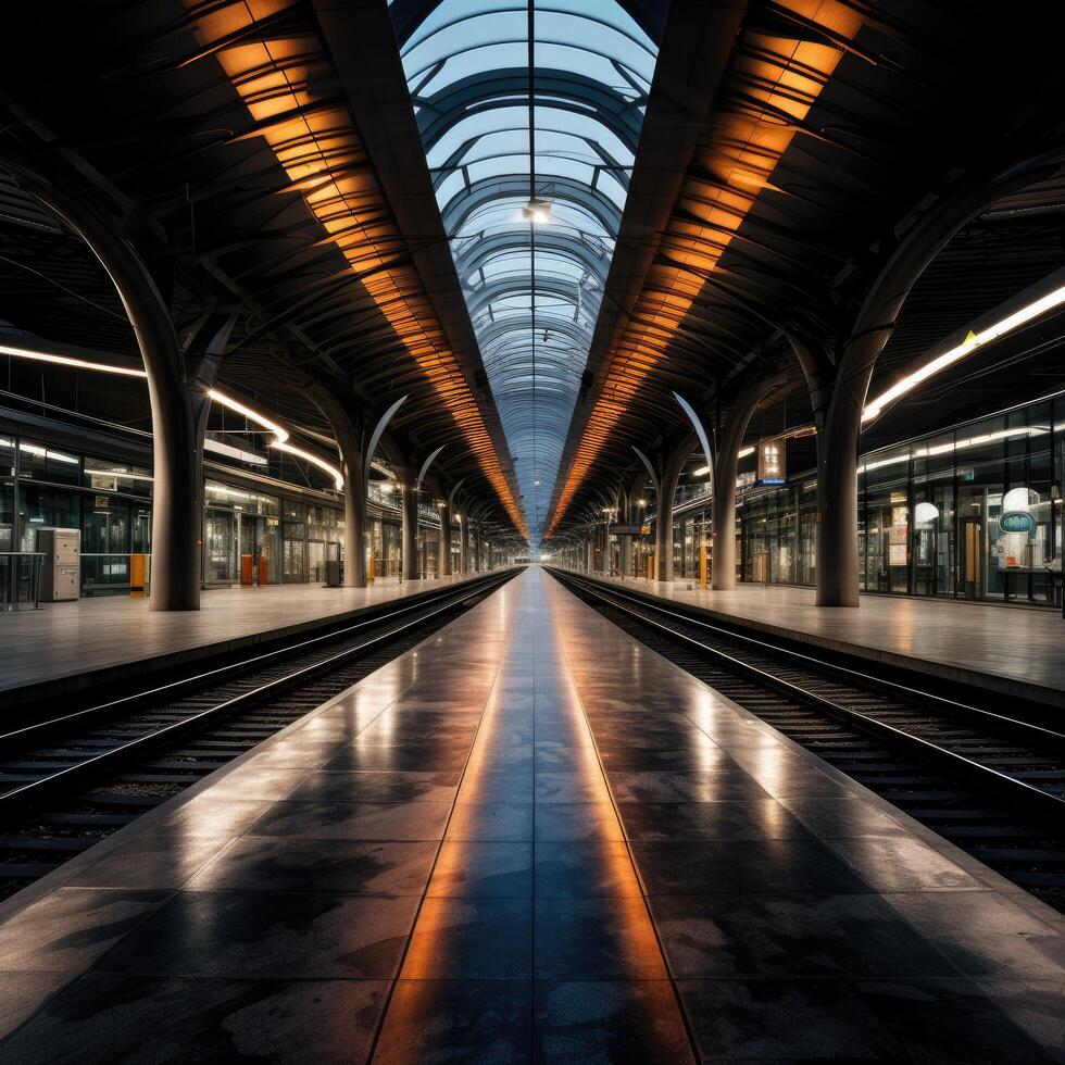 Futuristic train station interior with glass ceiling and empty platform photo