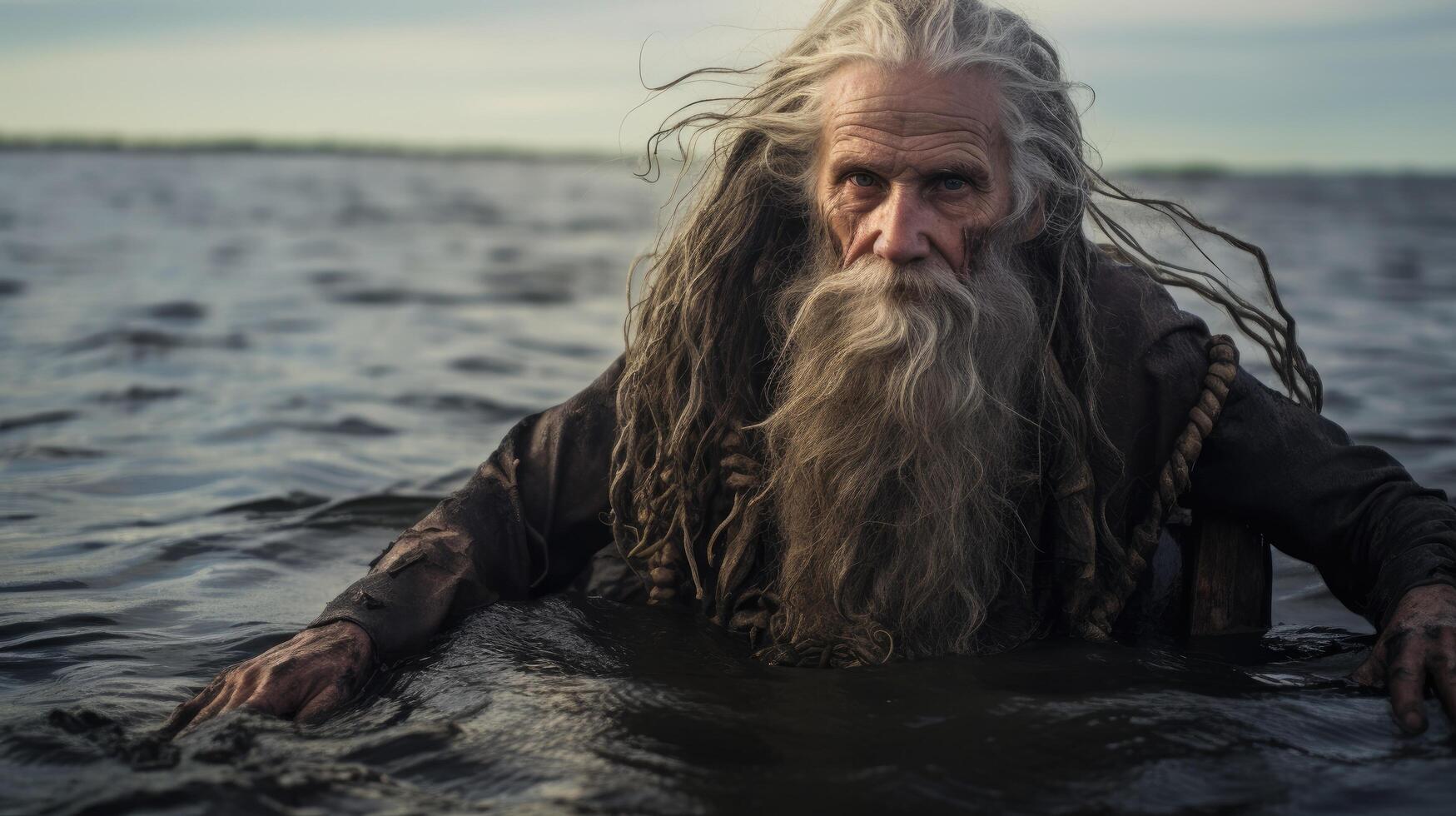 weathered old man with long beard in the water photo