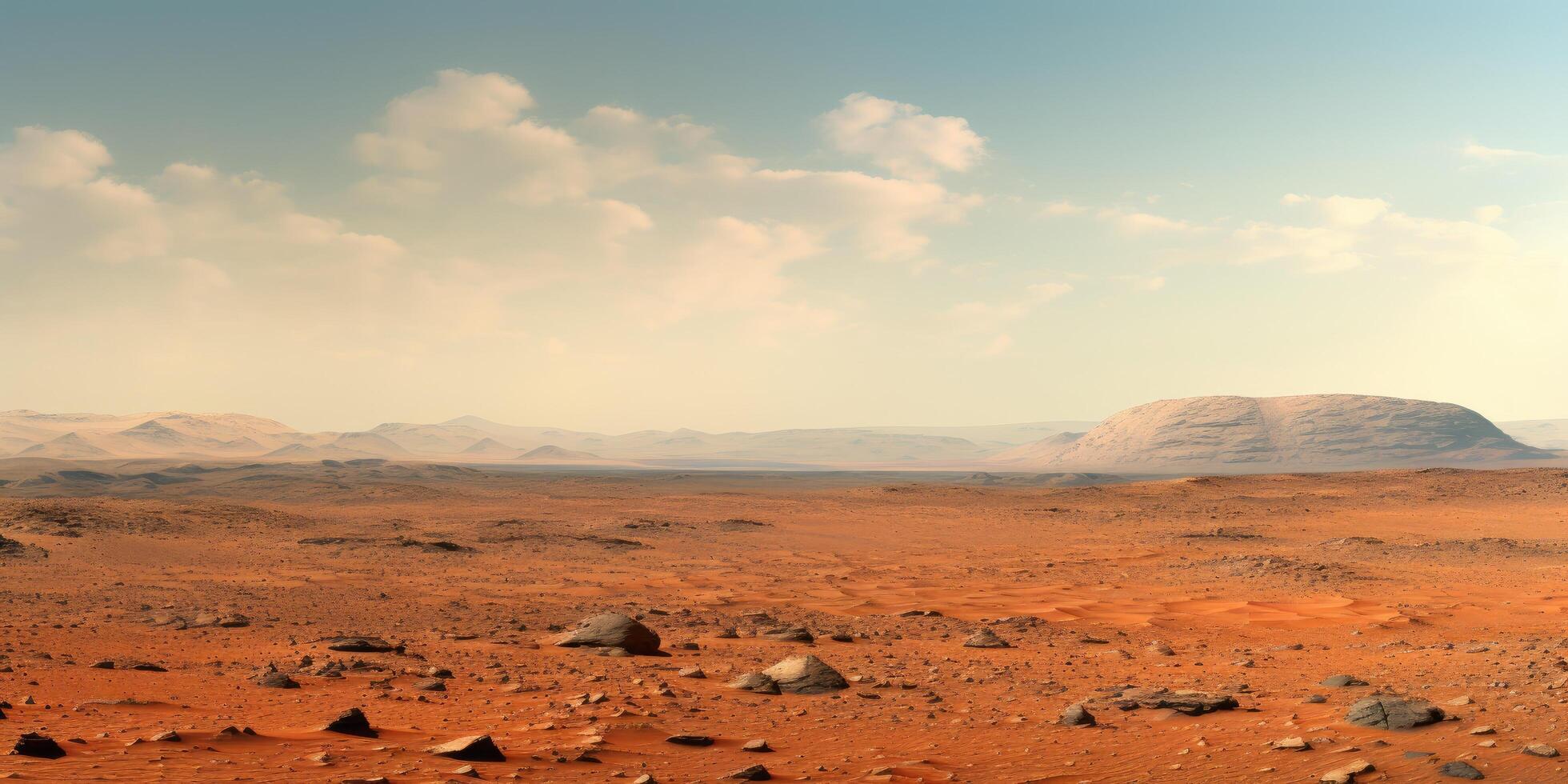 Vast desert landscape with rocky hills and cloudy sky photo