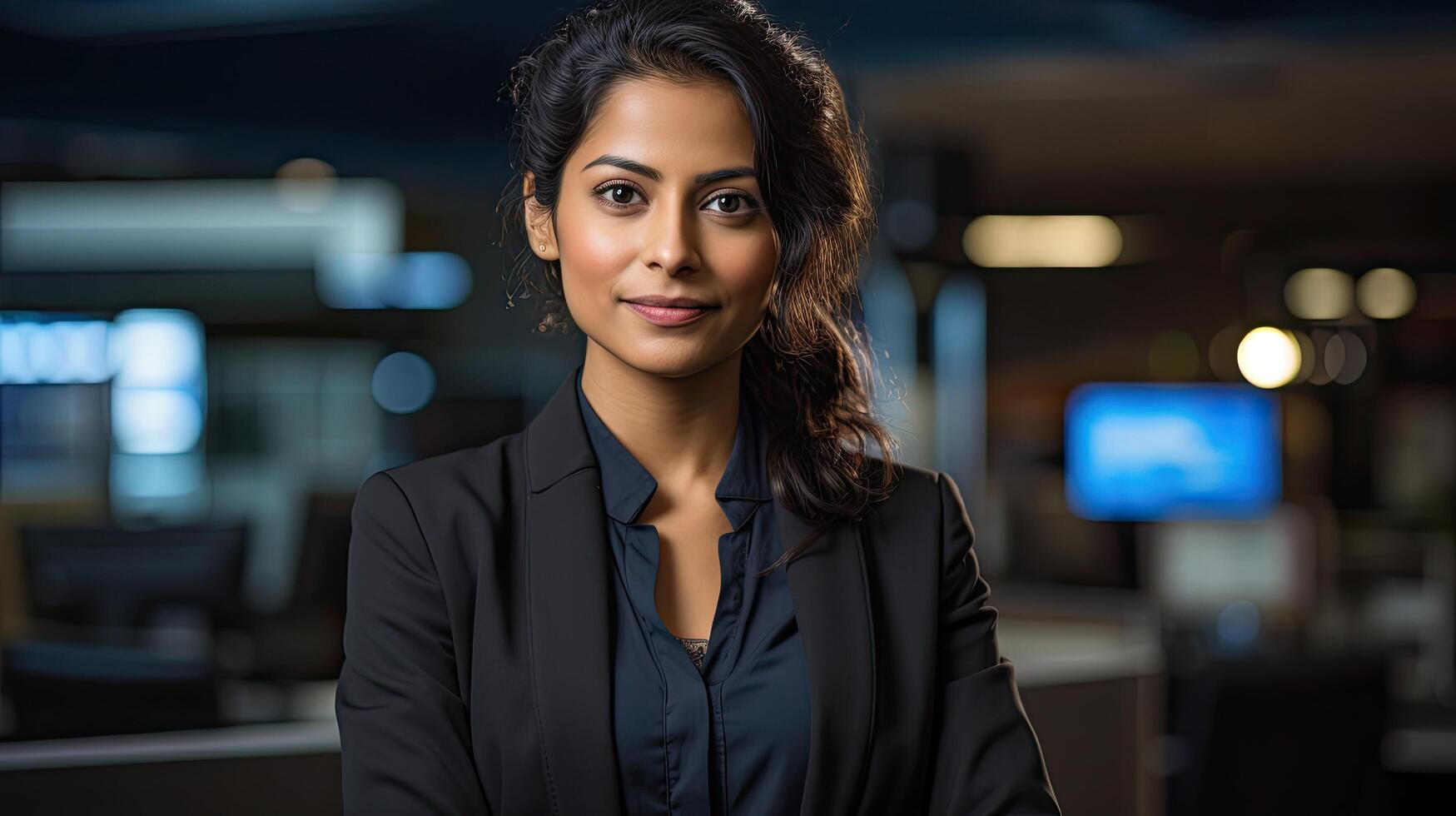 confident business woman in dark suit photo