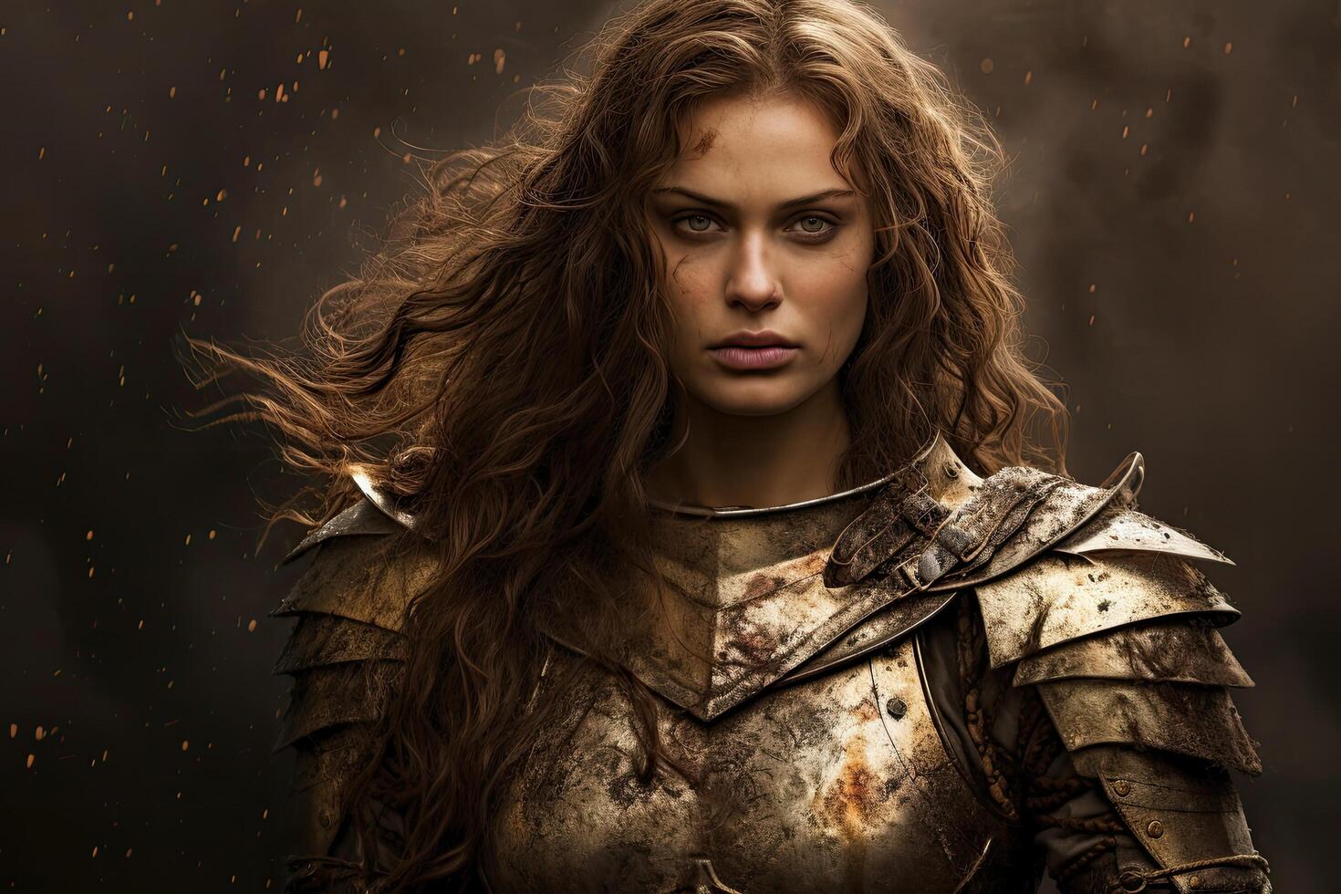 warrior woman with fierce expression in stormy environment photo