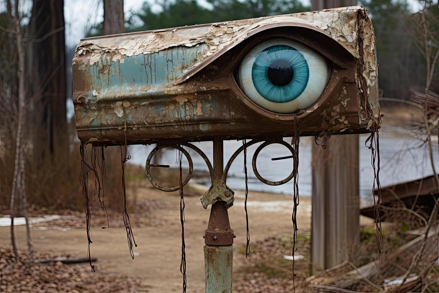 Mysterious eye in a decaying wooden structure photo