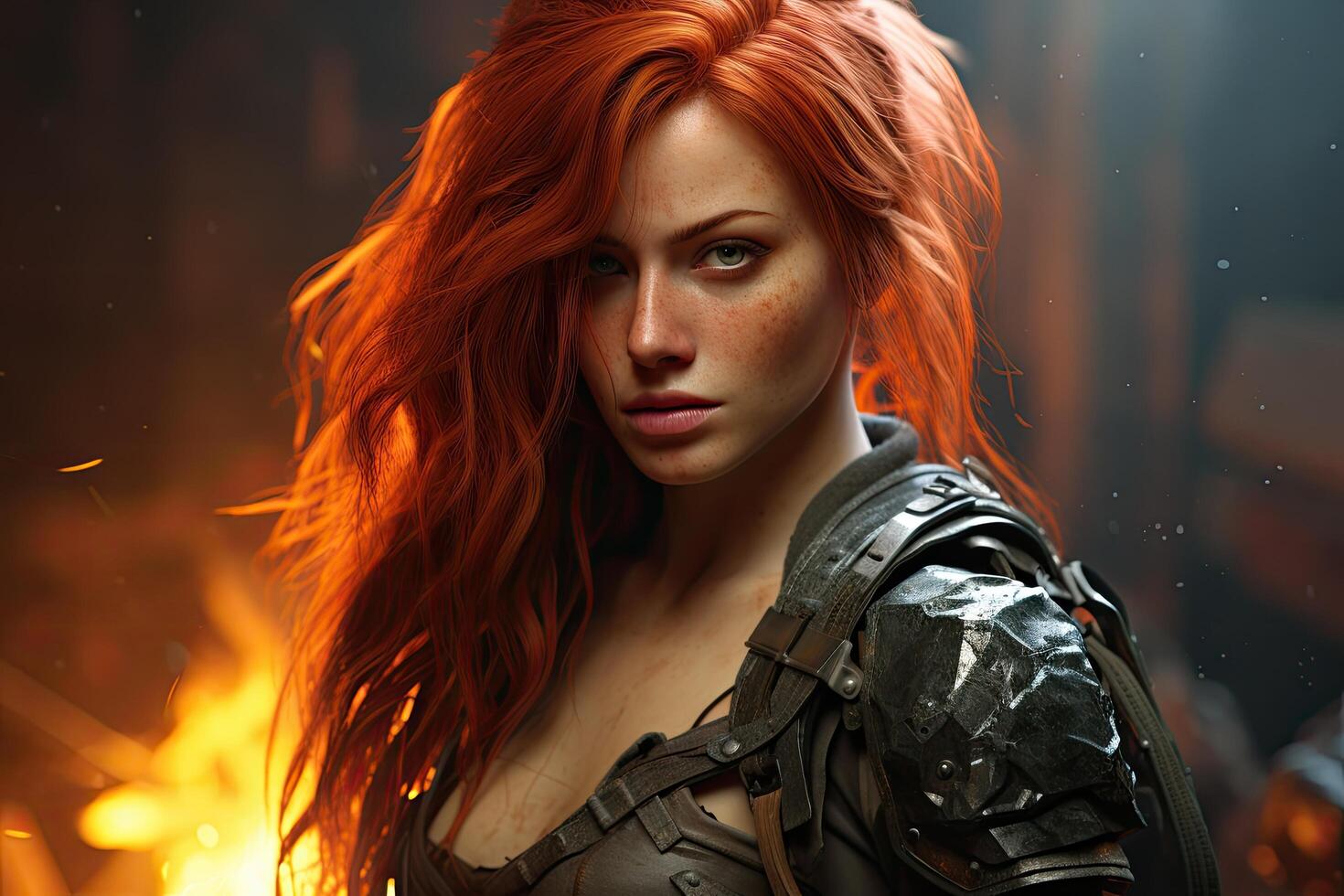 Fierce female warrior with vibrant red hair photo