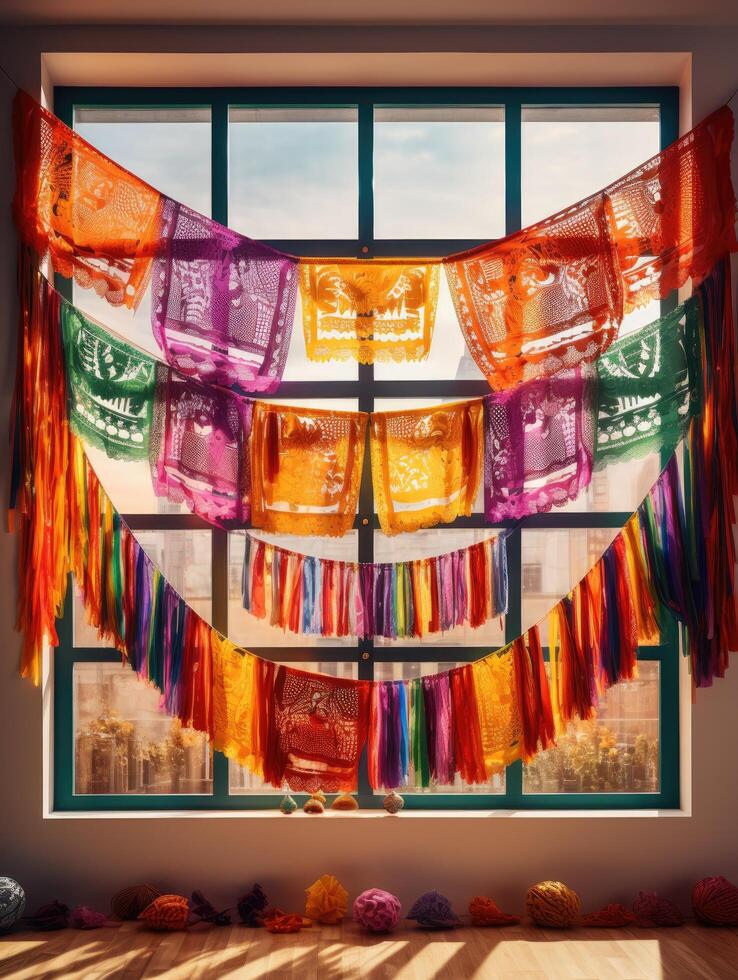 Colorful Textile Decorations in Window Display photo