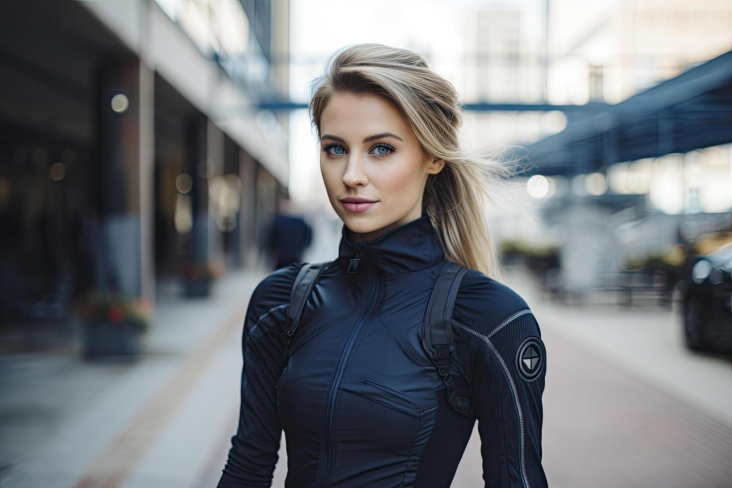 Confident woman in athletic wear stands in urban setting photo