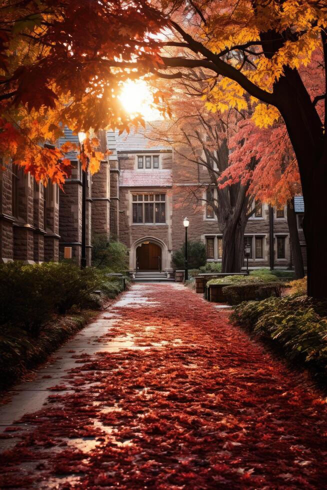 Autumn leaves cover the path to a historic stone building photo