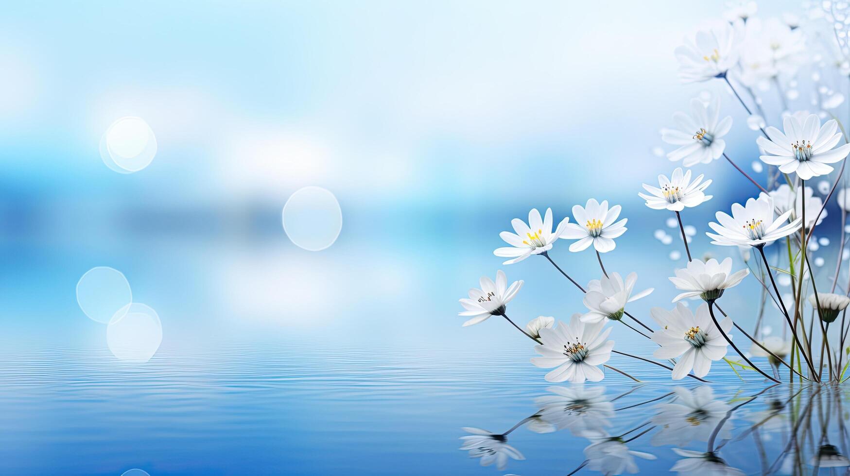serene spring landscape with white daisies and calm water photo