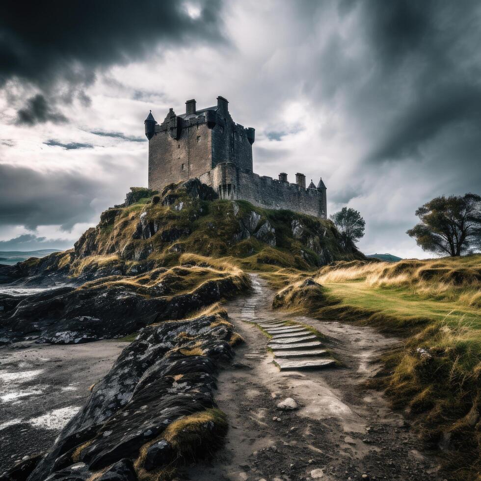 Dramatic castle on a rocky cliff under stormy skies photo