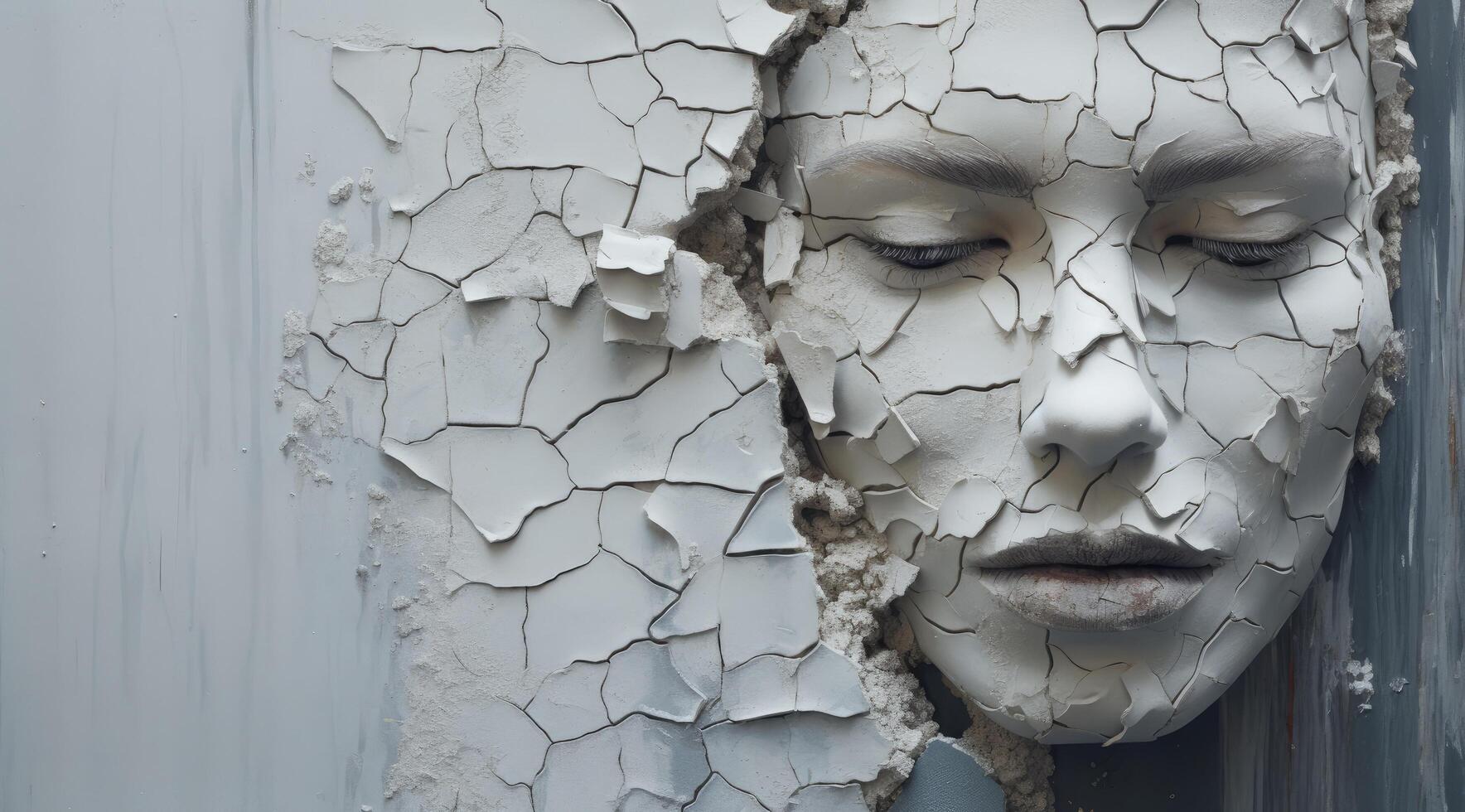 cracked and weathered face in gray tones photo