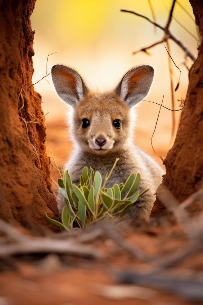 Curious kangaroo peeking out from behind tree photo