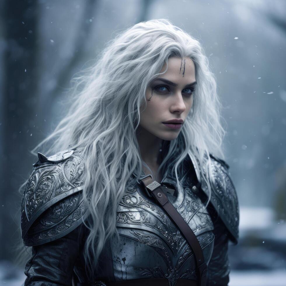 Warrior woman with long white hair in snowy forest photo
