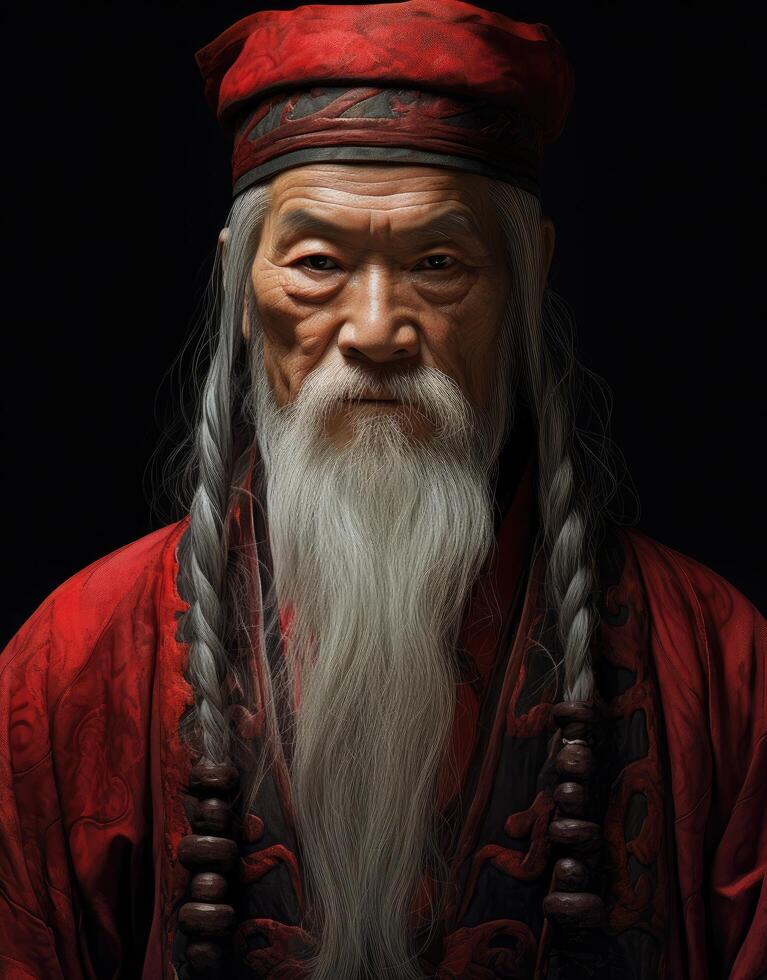 Wise old man with long beard and red robe photo