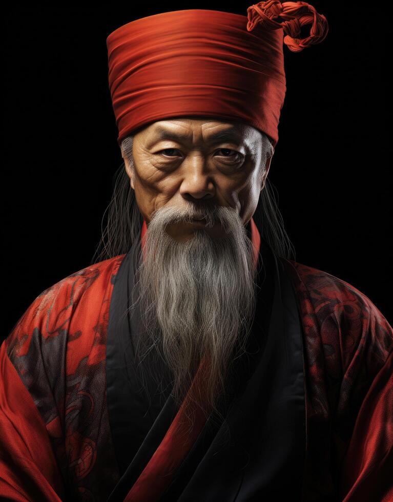 Wise old man in traditional red and black outfit photo