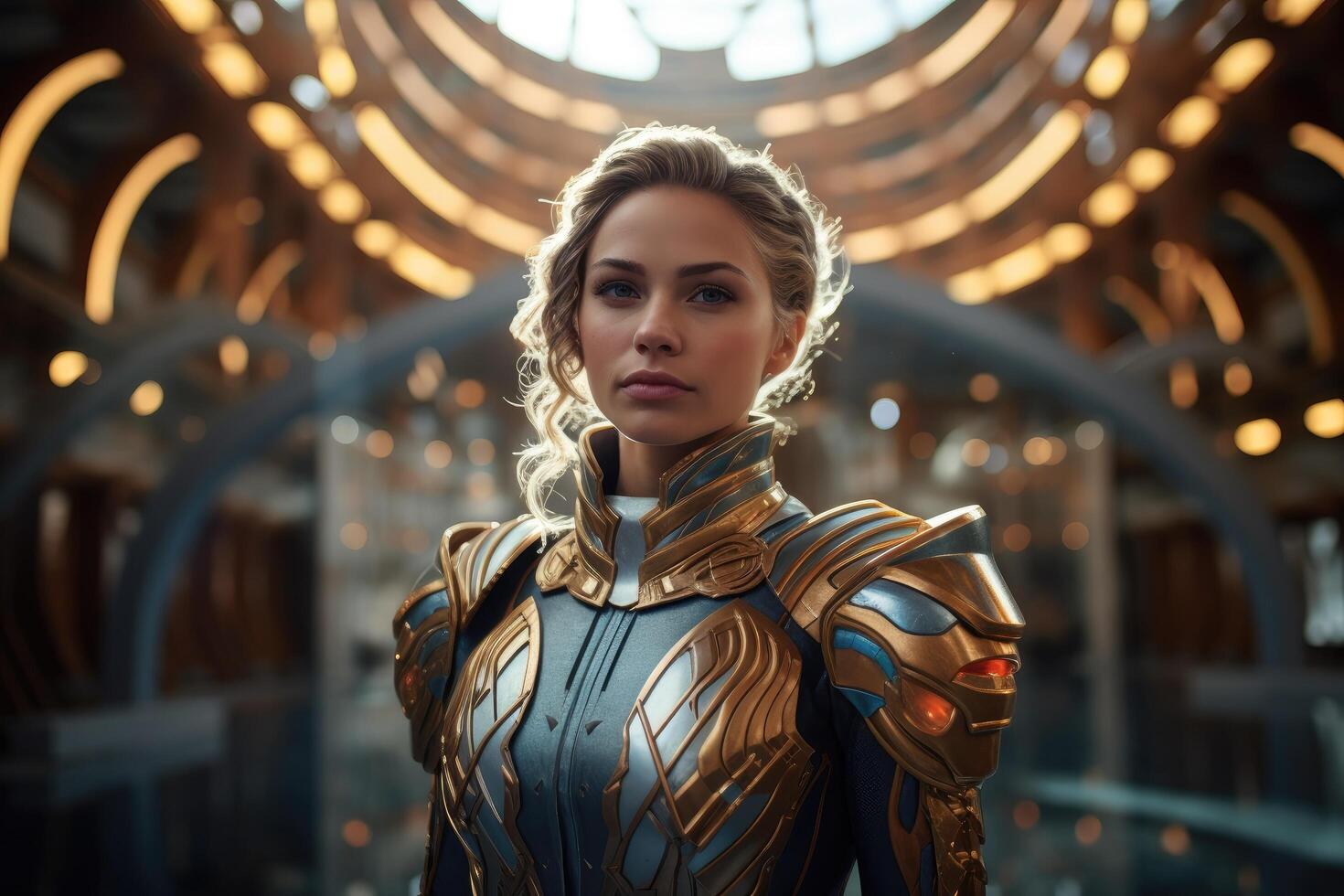 futuristic female warrior in golden armor photo