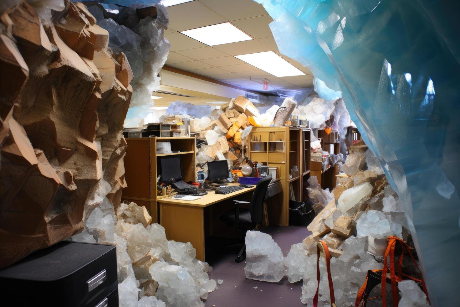 surreal office space with rocky cave like interior photo