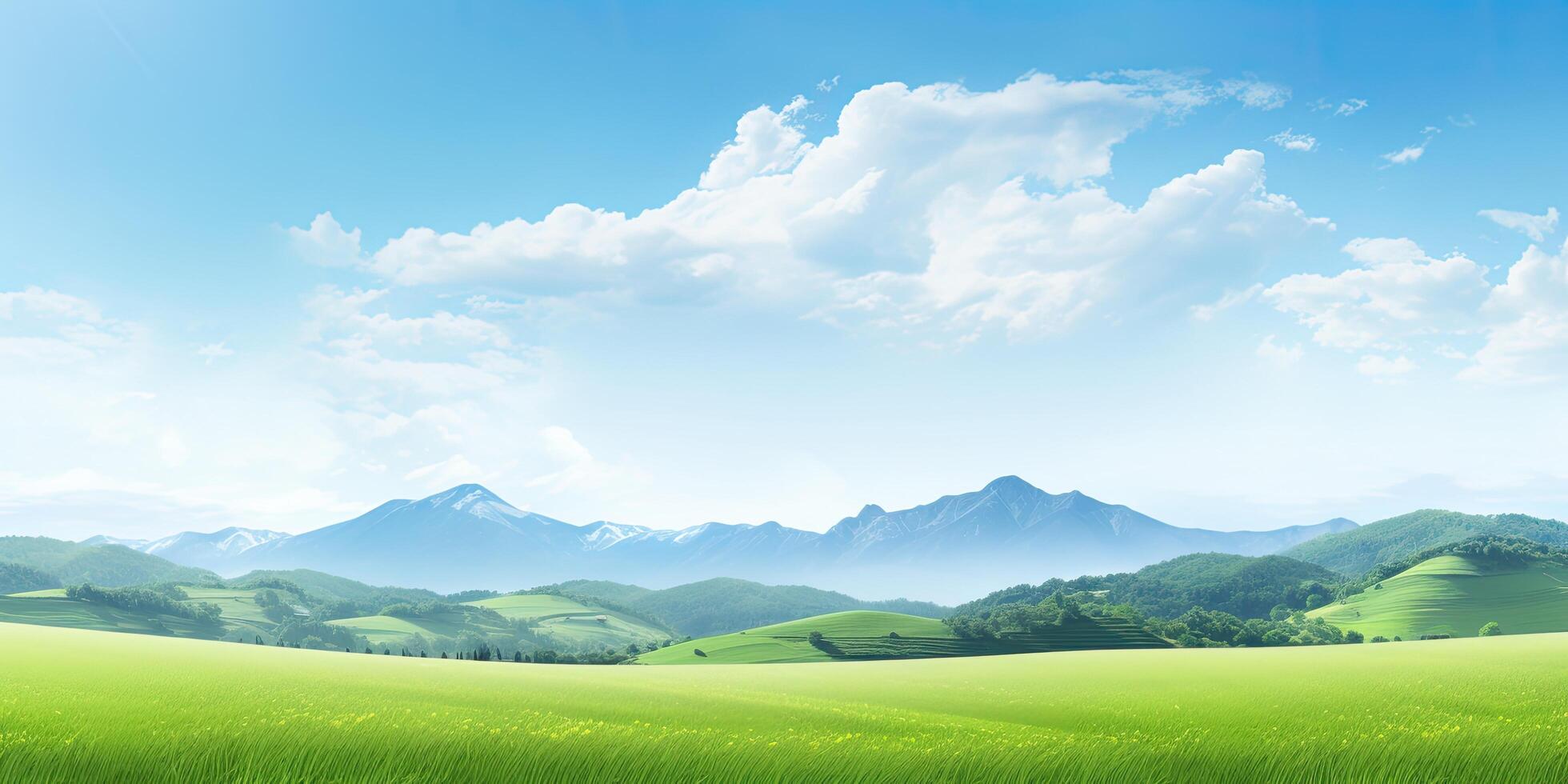 Scenic mountain landscape with green fields photo