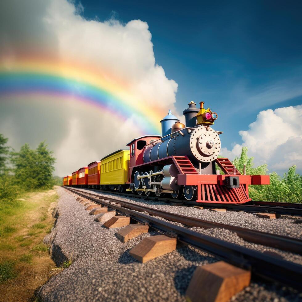 Vintage steam train passing by with rainbow in the sky photo