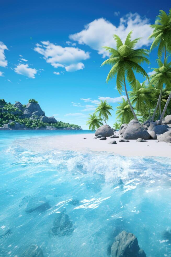 Tropical beach paradise with palm trees and crystal clear waters photo