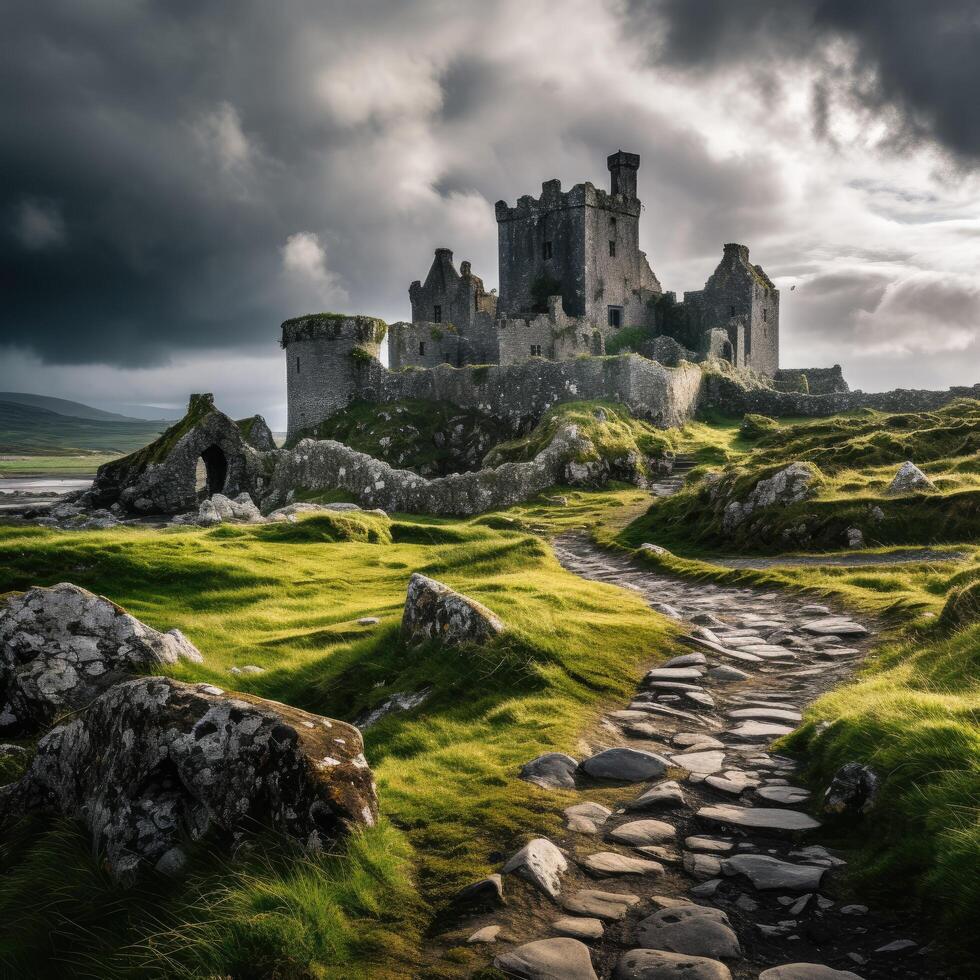 Dramatic medieval castle ruins in lush green landscape photo