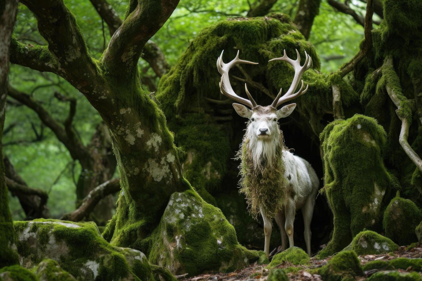 Majestic deer in a lush, mossy forest photo