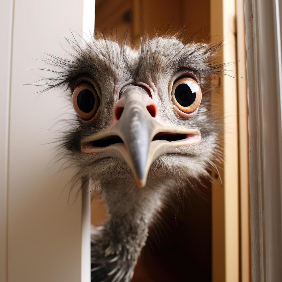Curious ostrich peeking through window photo