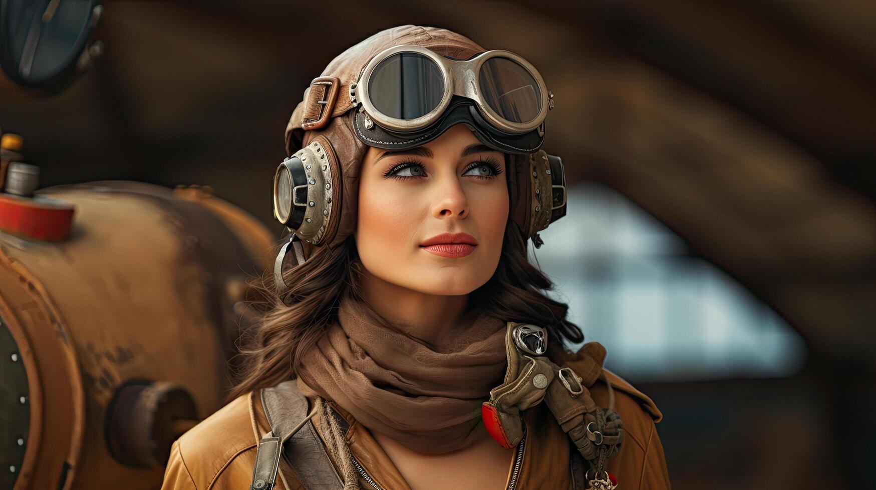 Adventurous woman wearing vintage pilot goggles and scarf photo