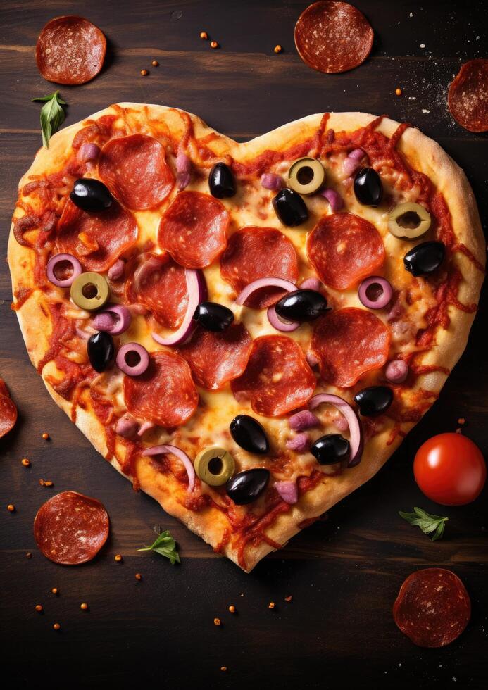 heart shaped pizza with pepperoni and olives photo
