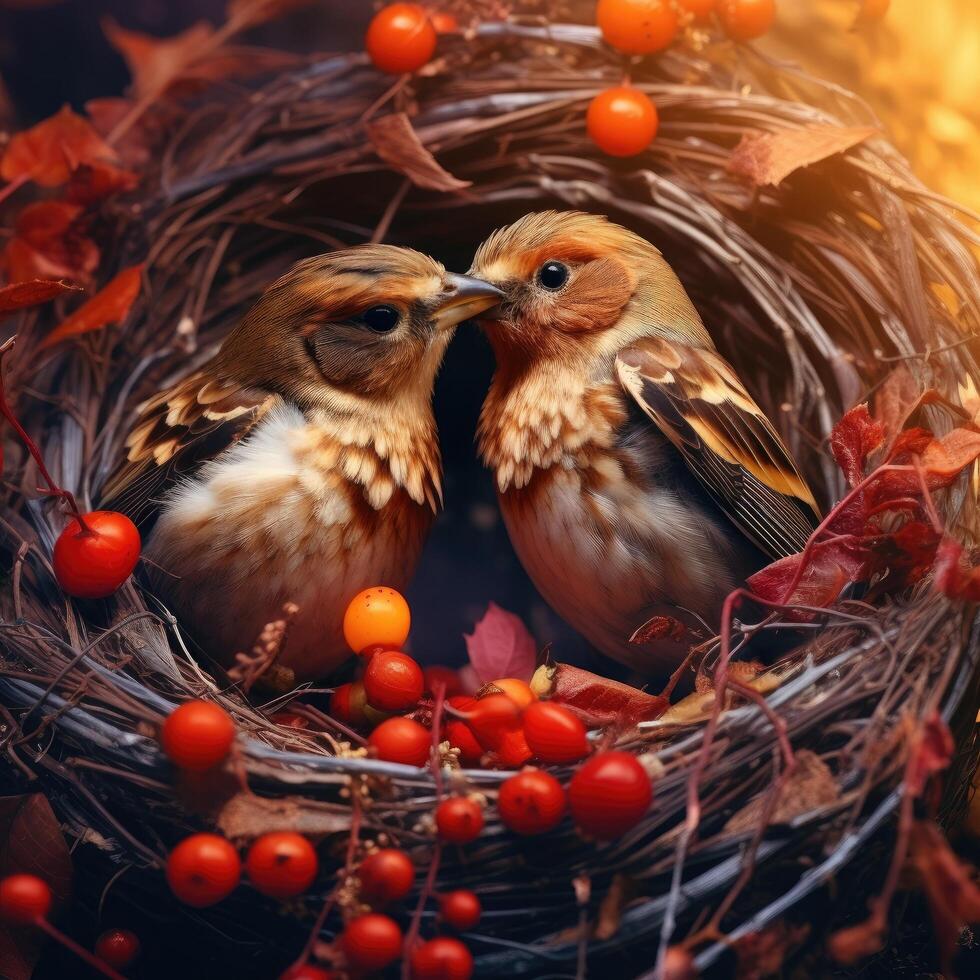 Cozy autumn nest with birds and berries photo
